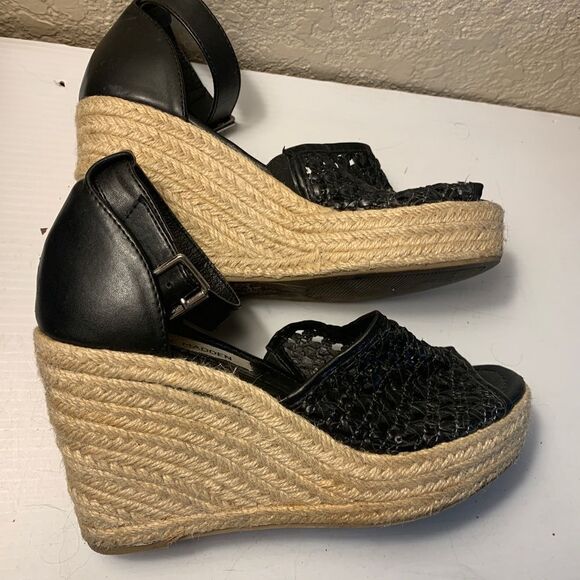 Steve Madden Black Basket Weave Wedge Platform Leather and Rope Sandall Size 7M - Picture 3 of 8